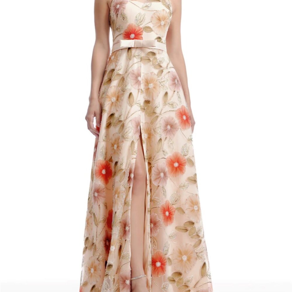 Dress the Population Floral, Beaded, Champagne-Colored NONIE Gown